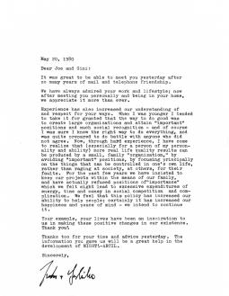 Letter from Justin & Yoshiko Dart to Gini & Joe Laurie, 1980.