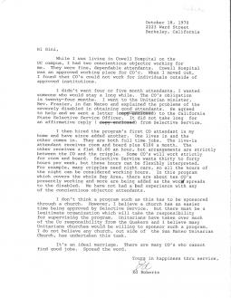 Follow-up letter from Ed Roberts describing the role of conscientious objectors 