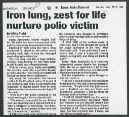 1985 interview in the St. Louis Globe-Democrat with Susan Armbrecht, an iron lun
